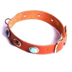 By Mode France | Large Collier Chien Cuir | Pierre Turquoise Lapis Lazuli Œil De Tigre