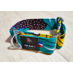 The Blue S | Chien | Collier BAMAKO | Bleu Lagon Imprimé Jaune Et Blanc De Feuilles